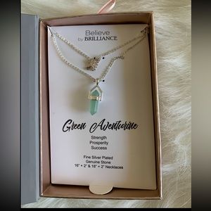 Green Aventurine Stone Crystal Fine Silver Plated Double Necklace NWT